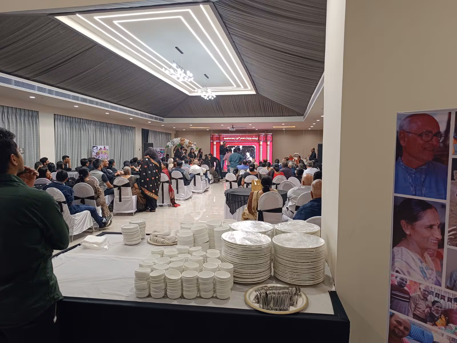 Banquet hall stage set up for a corporate event