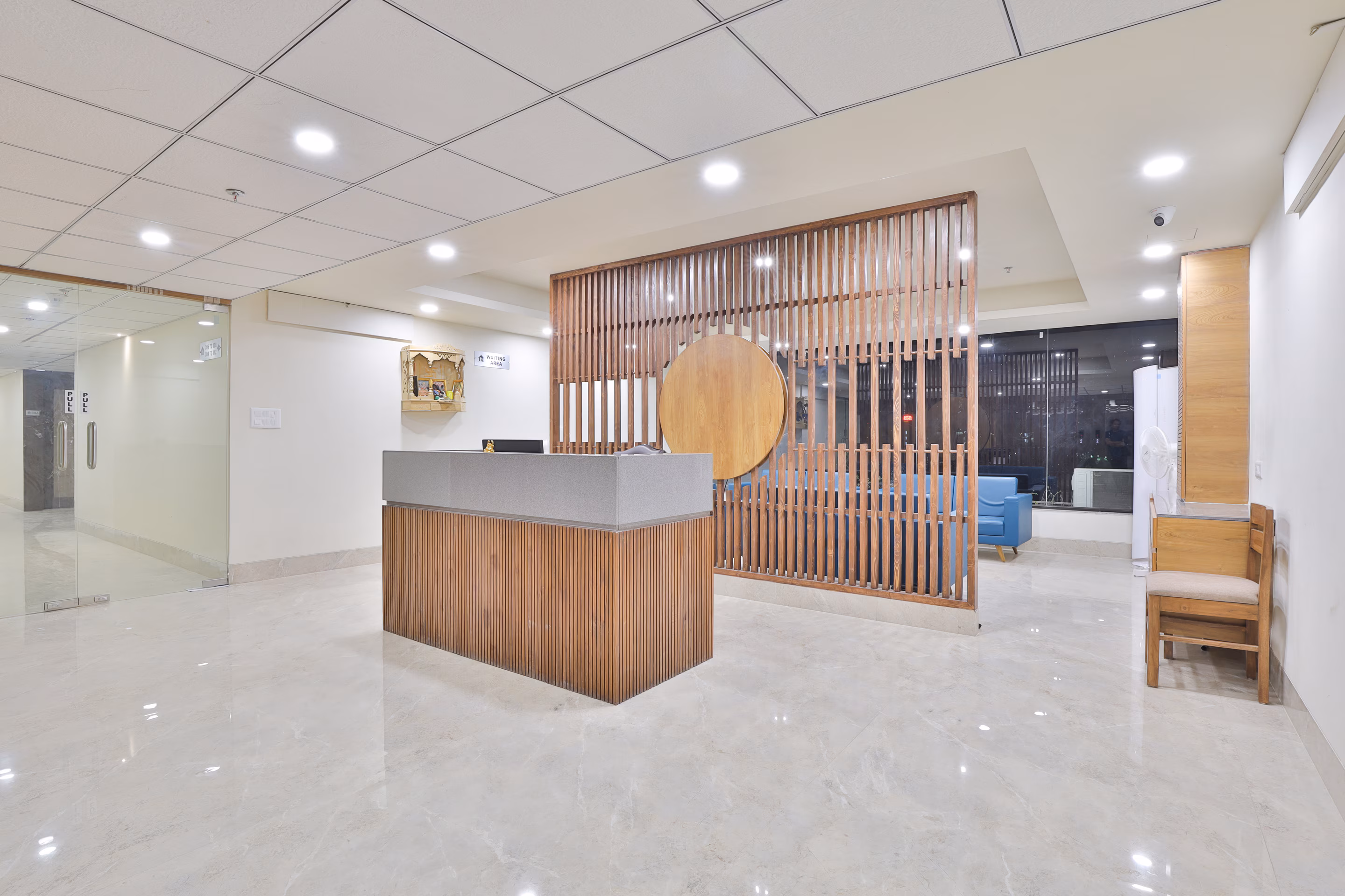 Reception concierge desk with brand signage